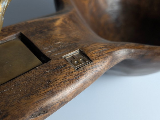 Image 1 of David Marshall, skulpturale Obstschale aus Bronze und Holz, Tischdekoration, 1970er Jahre