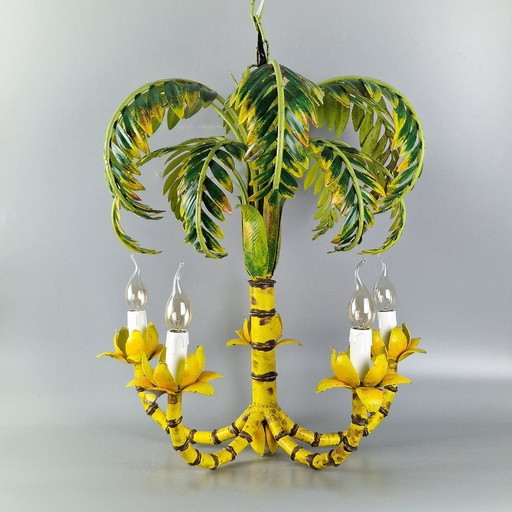 Vintage palm tree chandelier – faux bamboo, metal, 5 arms – tropical Hollywood Regency design