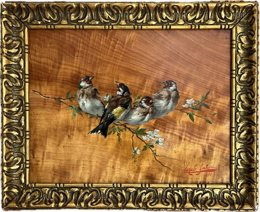 Gabriel Cazals (1900) – Oil on Wood Panel – Four Goldfinches – Signed