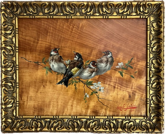 Image 1 of Gabriel Cazals (1900) – Oil on Wood Panel – Four Goldfinches – Signed