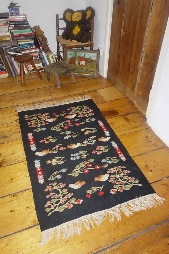 Image 1 of Vintage Oltenian Handwoven Bessarabian Kilim Rug with Birds, Tulips, and Flowers - Romanian Floral Woolen Wall Tapestry