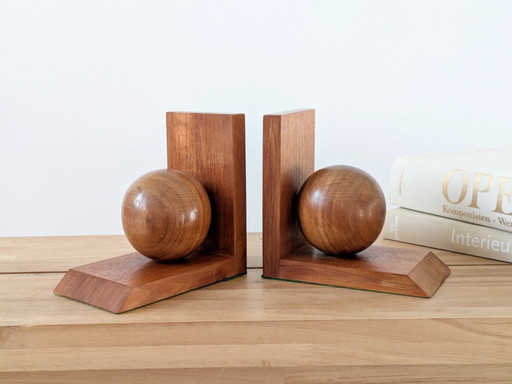 Pair of Midcentury Oak Bookends with Polished Wood Spheres