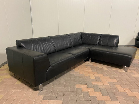 Image 1 of Canapé d'angle en cuir véritable noir – Assise large – Base solide