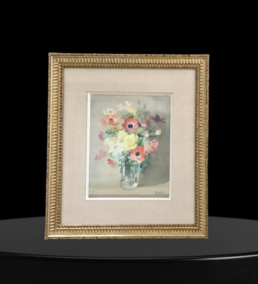 Watercolor bouquet of anemones and carnations