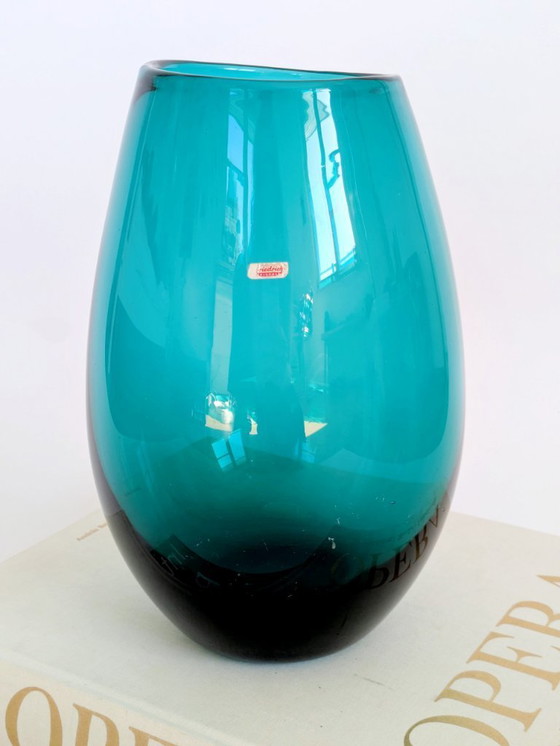 Image 1 of Midcentury Karl Friedrich Glas Mouth-Blown Teal Glass Vase, Votive Holder, 1960s German Art Glass