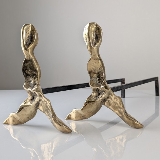 Image 1 of Pair of Brutalist Sculptural Bronze Andirons, 1970s
