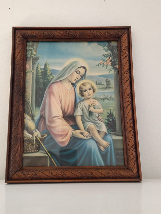 Chromolithografie Madonna met Kind – Vintage Lijst 35 x 28 cm