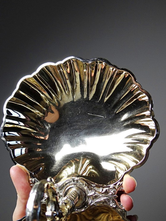 Image 1 of Antique double serving set in light gold-tone metal, vintage shell cup design, 1950s-1970s
