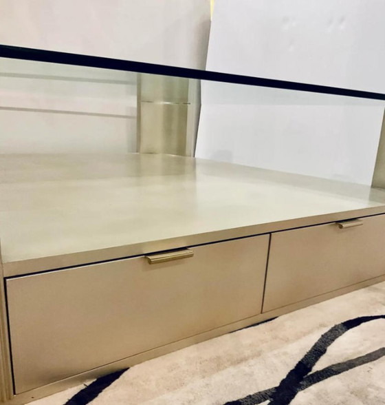 Image 1 of Caracole Modern Champagne Silver Square Coffee Table with Fluted Design, Large Contemporary Cocktail Table for Living Room