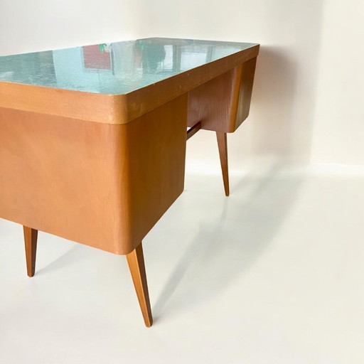 Bureau vintage Eka-Werk des années 50-60 avec plateau en Resopal bleu - charme rétro pour votre maison ou votre bureau