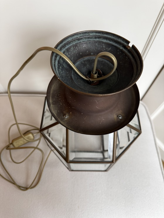 Image 1 of Amsterdamse School lantaarnlamp,messing/koper,facet geslepen glas