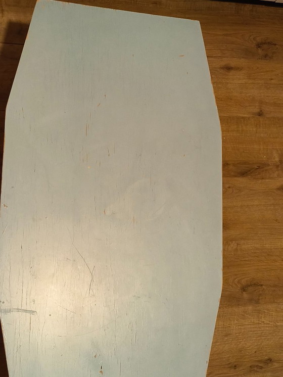 Image 1 of Art Deco shaped mint green side table made of wood with metal legs