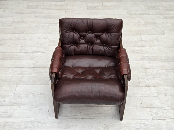 Image 1 of 1970, Scandinavische fauteuil, bruin meubelleer, donker beukenhout.