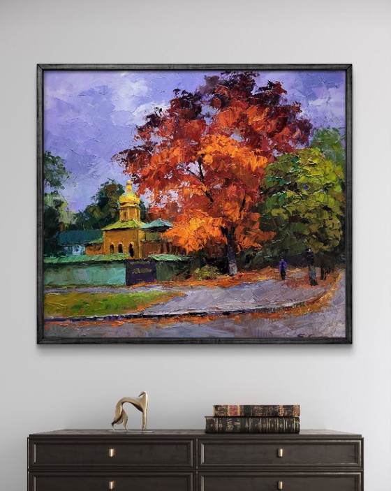 Image 1 of Original Oil Painting Cityscape Autumn Church October in the City