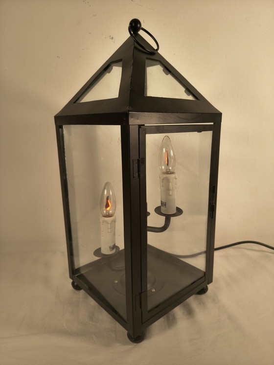 Image 1 of Klassische Laternen-Tischleuchte mit 3 Kerzenfassungen – schwarzes Metall und Glas