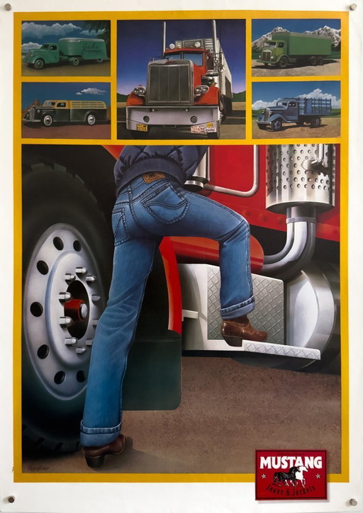 Vaqueros y chaquetas Mustang "Camiones" – c. década de 1980 – Póster original vintage A1 | 84,1 × 59,4 cm | Alemania