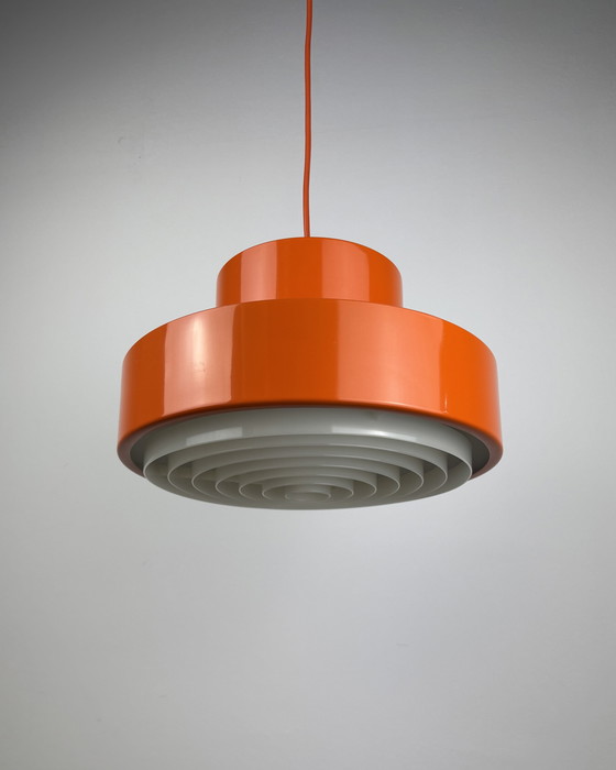 Image 1 of Oranje vintage lamp, Deense minimalistische hanglamp, ruimtetijdperk, metaal, kunststof, jaren 70, midden van de eeuw, UFO, Scan