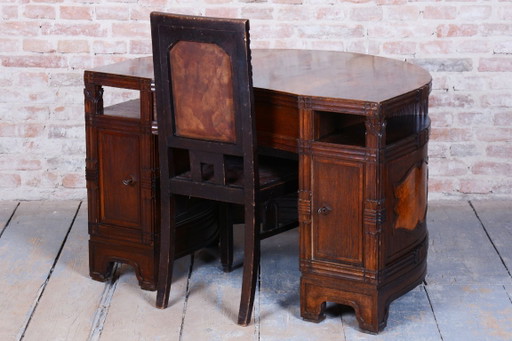 Restored Cubistic Writing Desk, Oak, Walnut, Revived Polish, Czech, 1910s – bureau, Metal, Wood (photo 2 of 21)