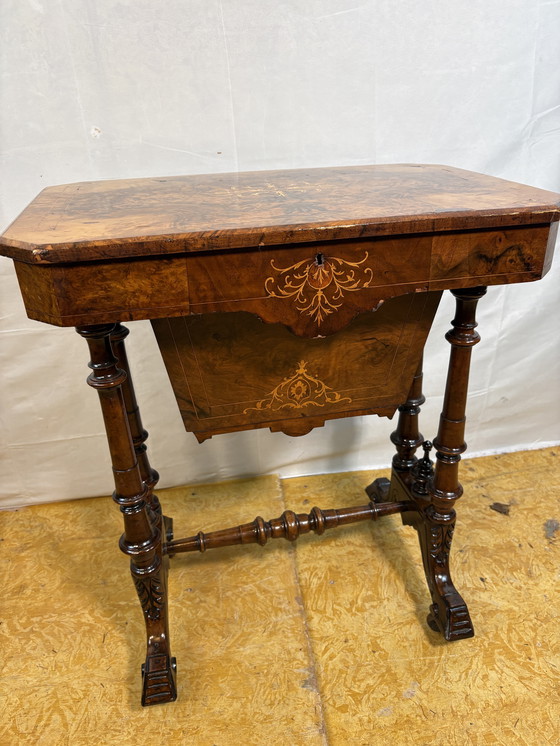 Image 1 of A Romantic Victorian Burr Walnut Sewing & Work Table Mid–Late 19th Century  Rich with the charm of a bygone age, this exquisite 