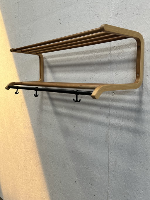 Porte-manteau mural vintage, bois de hêtre et métal, années 1980