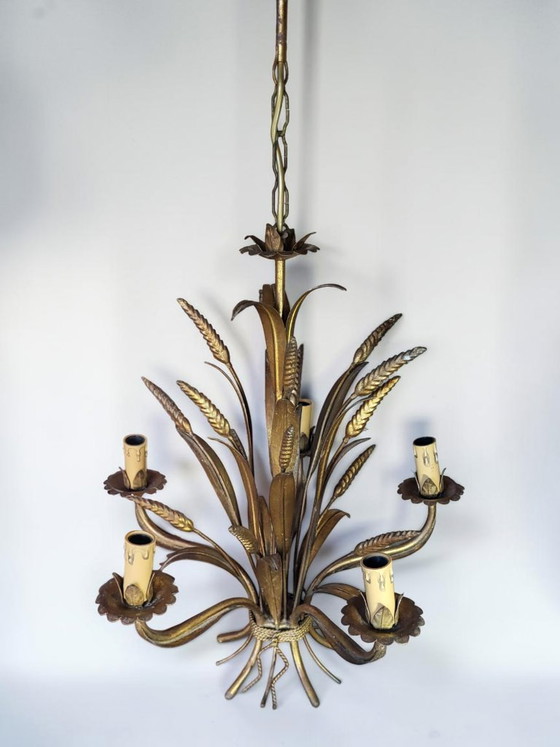 Image 1 of Lámpara de araña de metal dorado estilo Hollywood Regency, Hans Kögl, década de 1970.