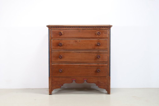 Antique Vintage pine chest of drawers with painted details from the 19th century