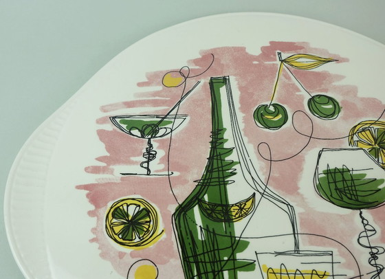 Image 1 of 1950s mid century CAKE PLATE with beautiful cocktail and bar decor grünstadt-keramik