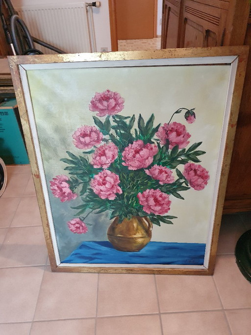 Stilleven met pioenrozen (Olieverf) – JM DEYMEN 1968 – schilderijen tekeningen, Canvas