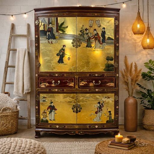 Vintage Chinese / Oosters kast bladgoud/ tradioneel tafereel / Bohemian kast / Aziatische kast