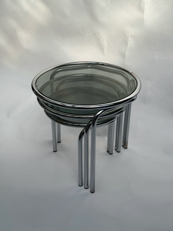 Image 1 of Vintage Space Age Nesting Tables in Chrome and Smoked Glass, 1970s/1980s