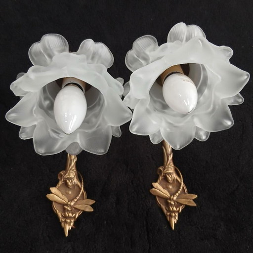 Art Nouveau verguld bronzen libellenwandkandelaars van Charles Ranc