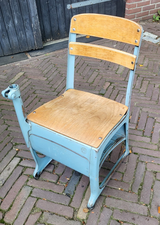Banchetto scolastico anni '50/'60 modello "Envoy" American Seating Company, Scrivanie, Metallo, Legno, Blu (foto 12 di 14)