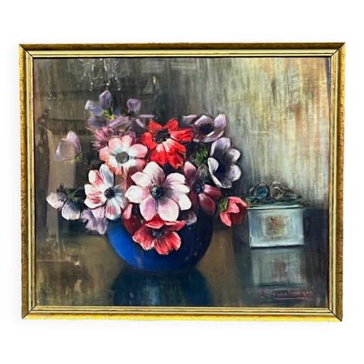 M. Steenbruggen. Stilleven met bloemen in een blauwe vaas. Pastel. – schilderijen tekeningen, Paper