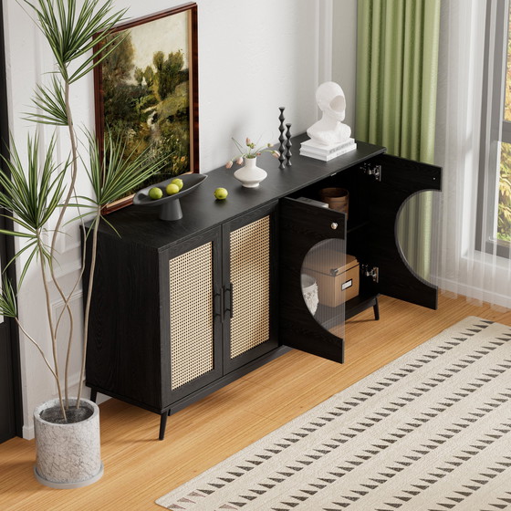 Image 1 of Credenza nera Urban Meuble con ante in vetro in rattan, anta semicircolare 160*40*80cm VELZU