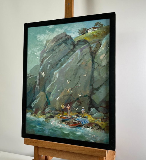 Pintura al óleo original Paisaje rocoso costero Susurro de las olas del mar