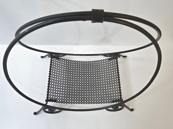 Image 1 of Vintage houtblokhouder uit de jaren 50, metaal en geperforeerd zwart metaal, rockabillystijl uit de jaren 50