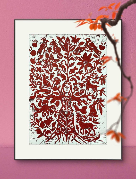 Image 1 of Linosnede van een boomvrouw: Botanische natuurkunst, A3, gelimiteerde oplage.