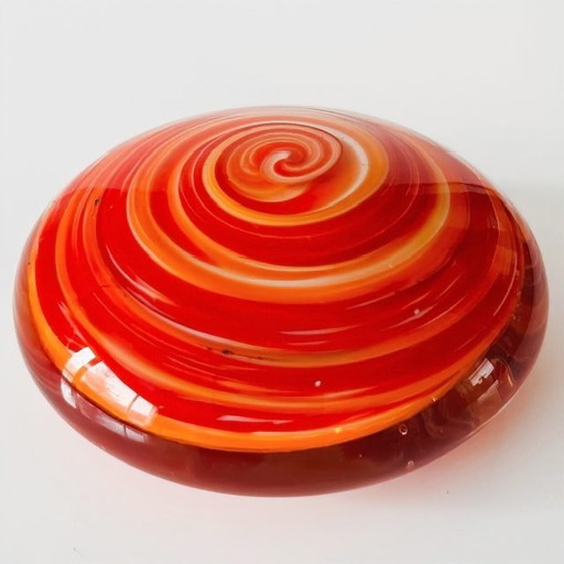Vintage German flat paperweight orange red swirl 1970's