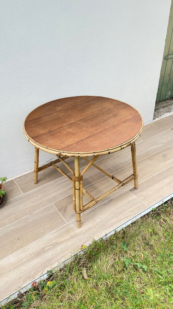 Image 1 of TABLE Basse RONDE Rotin et Chêne VINTAGE