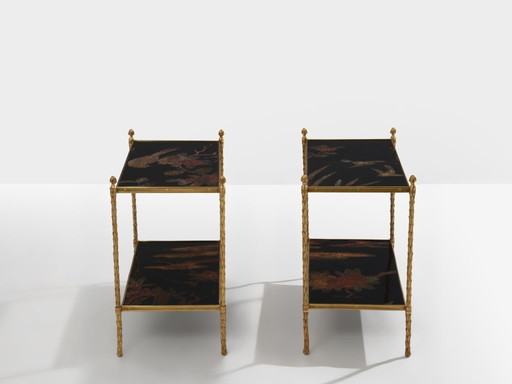 Maison Baguès foliage gilt bronze chinoiserie lacquered end tables 1940s