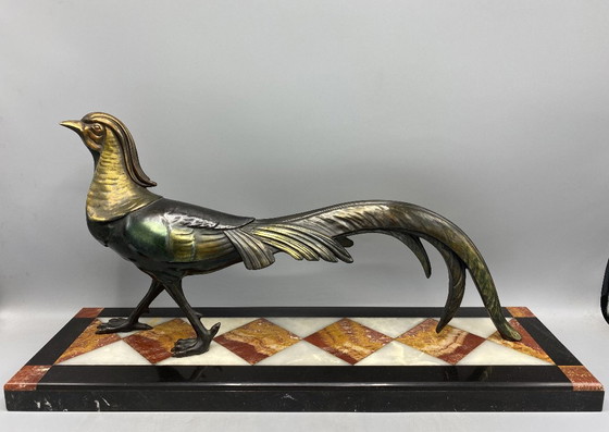Image 1 of Grote Art Deco Fazant Beeld – Gepatineerd Spelter op Luxe Marmer – Franse 1930s Sculptuur – Wandeldecor / Verzamelobject 