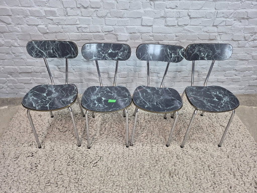 Set of 4 Vintage Design Kitchen Chairs by Brabantia, Black Marble-Effect Formica with Gold Accent, The Netherlands, 1960s