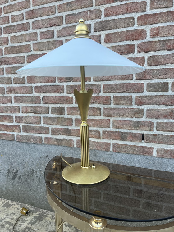 Image 1 of Vintage art deco style messing tafellamp, prachtige zware messing lamp gemaakt voor Frantzen exclusieve verlichting in Italië
