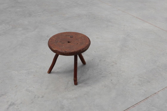 Image 1 of Rustic Wabi Sabi style solid oak tripod stool, France ca. 1850