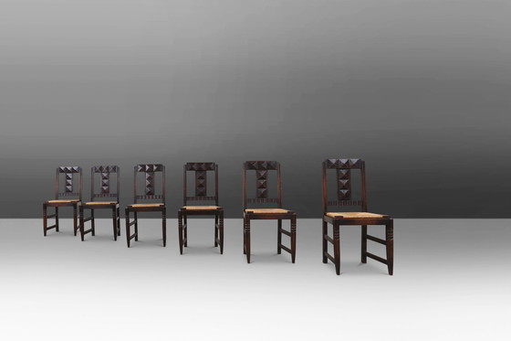 Image 1 of 6 Stühle aus Eichenholz und Korbgeflecht im Art déco-Stil von Victor Coutray, Frankreich