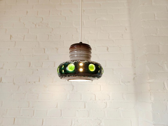 Image 1 of Keramieken aardewerken vintage hanglamp van Herda, west germany fat lava stijl, keramische retro, groene hanglamp
