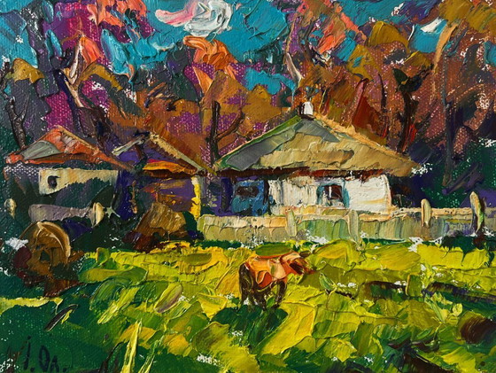 Image 1 of Original Oil Painting Colorful Village Landscape First morning of spring