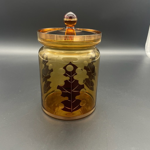 Boîte Vintage à Couvercle en Verre Ambré – Décor Floral Taillé – Ornements Dorés
