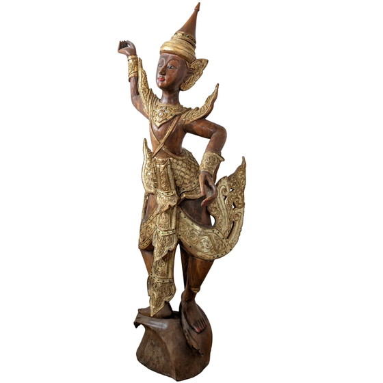 Grande Kinnara birmane sculptée à la main – Bois dur doré et incrustations de verre – 112 cm – Sculptures (photo 8 of 10)
