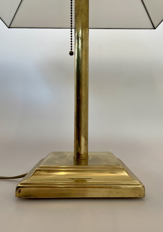 Image 1 of Vintage Art-deco Frank Lloyd Wright style opal stained glass lamp - glas-in-lood met messing